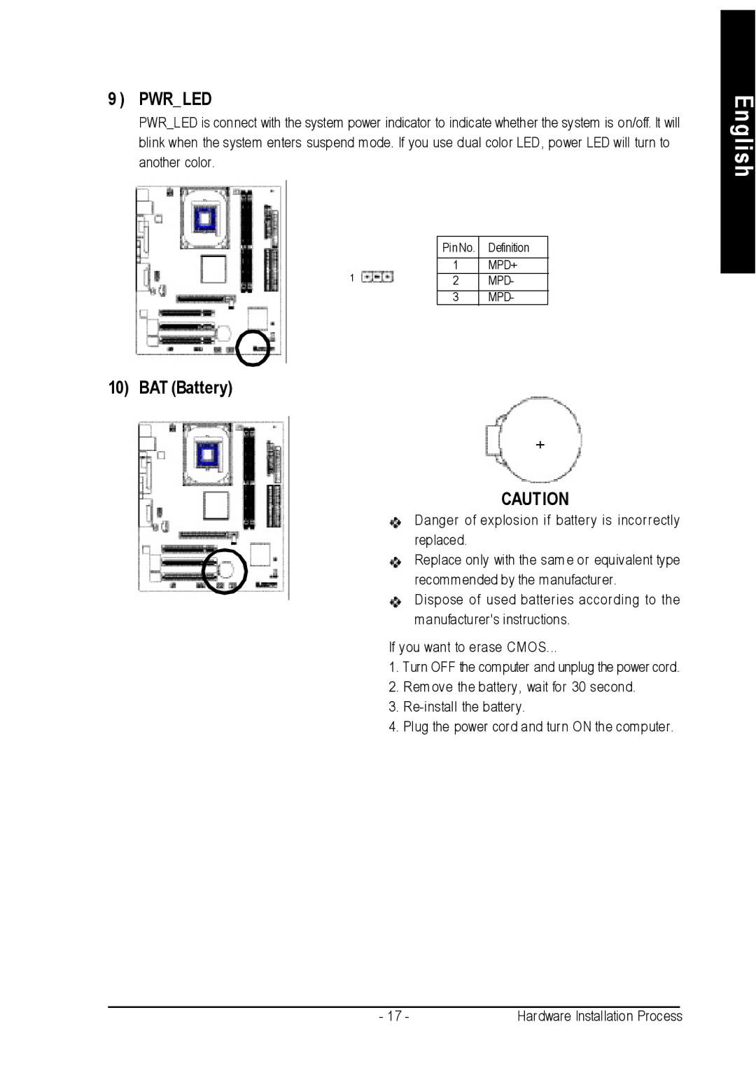 Intel 8S651M-RZ-C user manual Pwrled, BAT Battery 