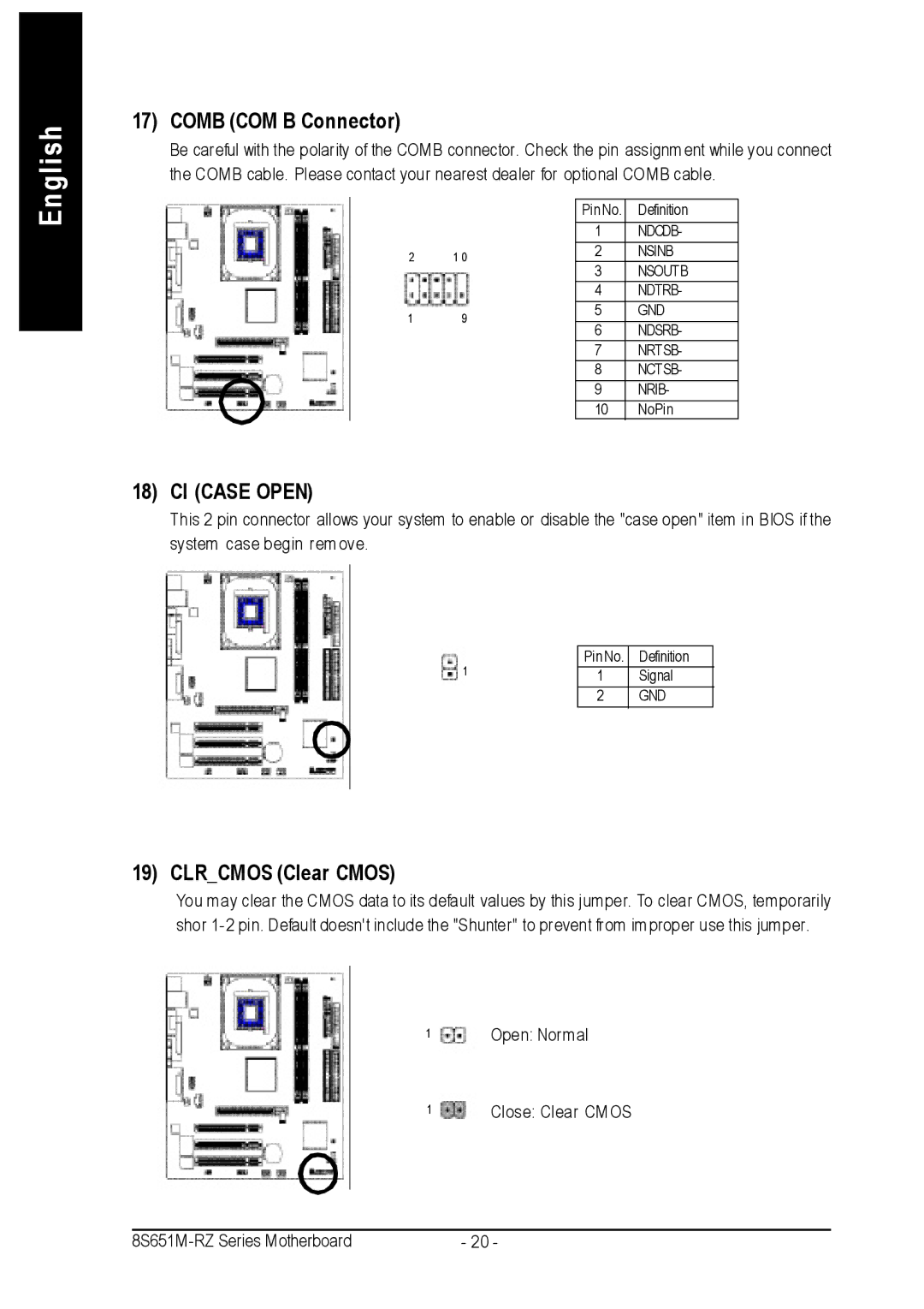 Intel 8S651M-RZ-C user manual Comb COM B Connector, Clrcmos Clear Cmos 