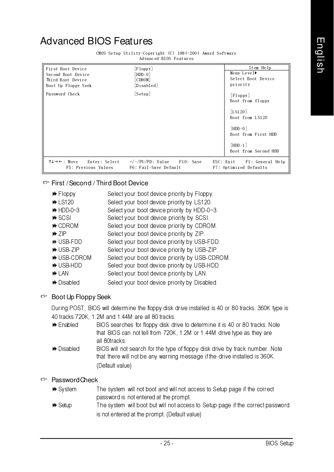 Intel 8S651M-RZ user manual Advanced Bios Features, First / Second / Third Boot Device, Boot Up Floppy Seek, PasswordCheck 