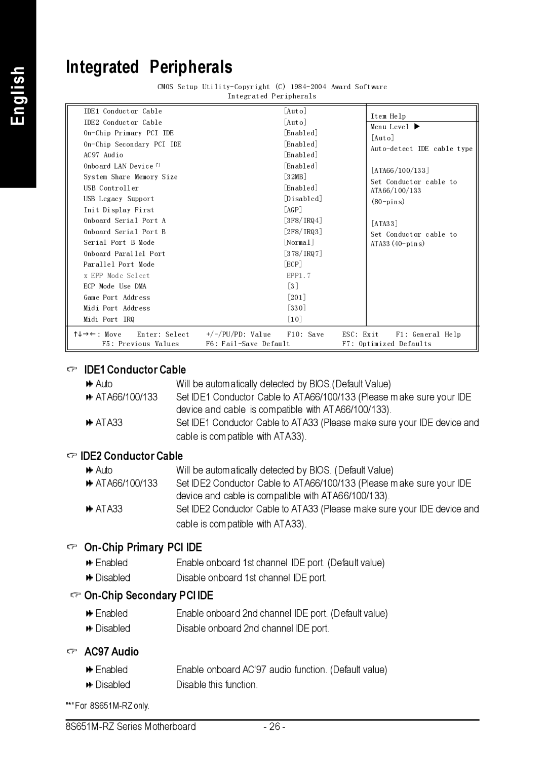 Intel 8S651M-RZ-C user manual Integrated Peripherals 