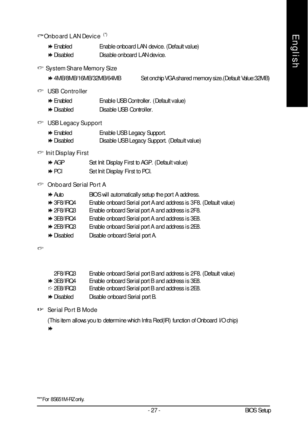 Intel 8S651M-RZ Onboard LAN Device, System Share Memory Size, USB Controller, USB Legacy Support, Init Display First 