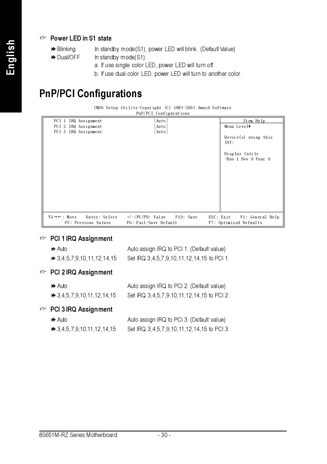 Intel 8S651M-RZ-C user manual PnP/PCI Configurations, Power LED in S1 state, PCI 1 IRQ Assignment, PCI 2 IRQ Assignment 