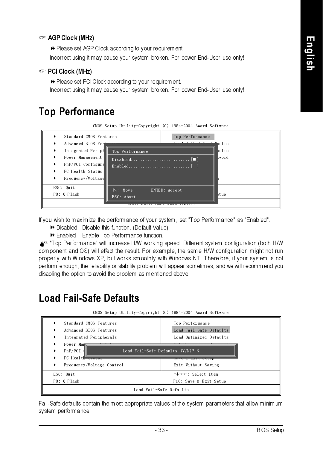 Intel 8S651M-RZ-C user manual Top Performance, Load Fail-Safe Defaults, AGP Clock MHz, PCI Clock MHz 