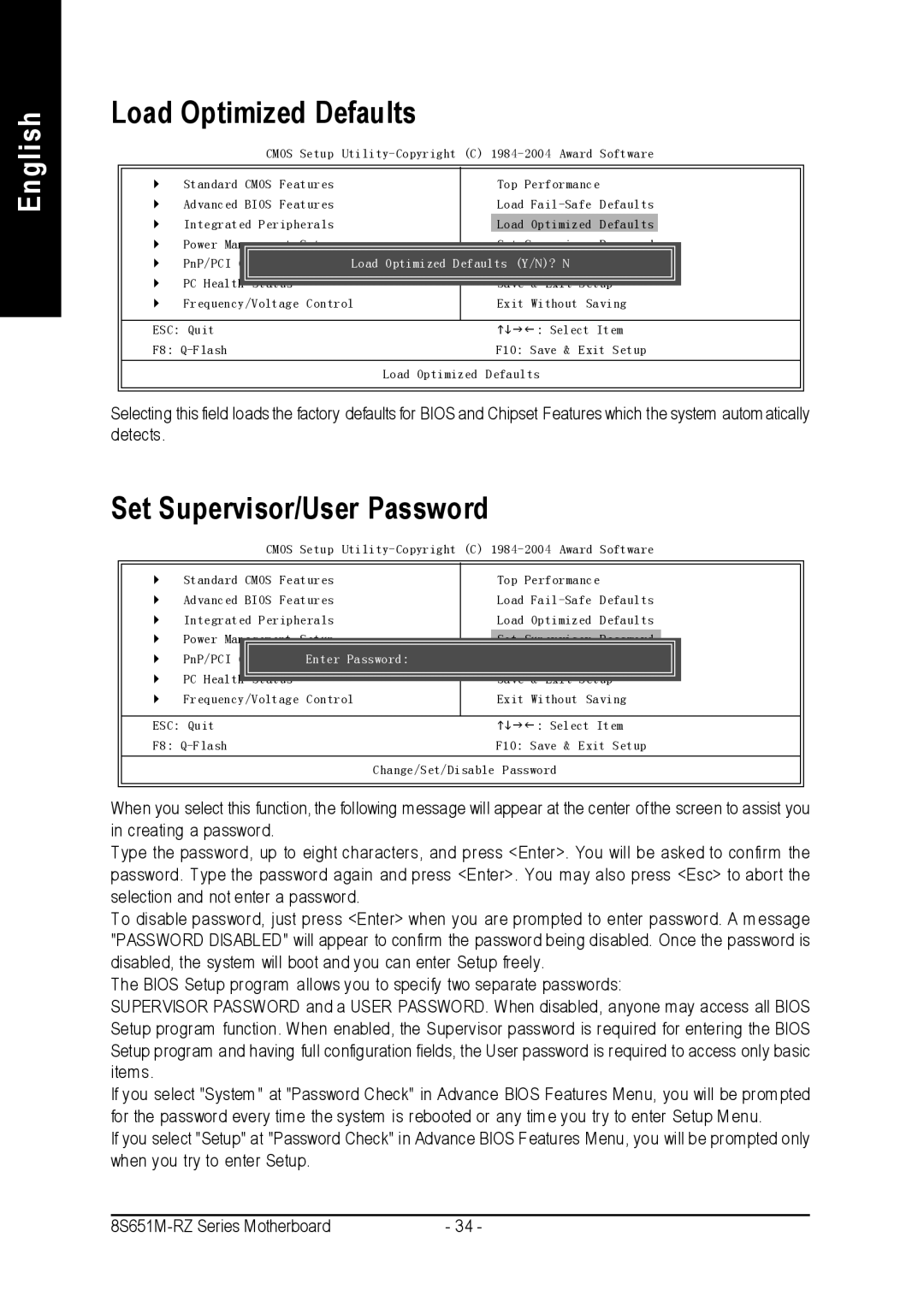 Intel 8S651M-RZ-C user manual Load Optimized Defaults, Set Supervisor/User Password 