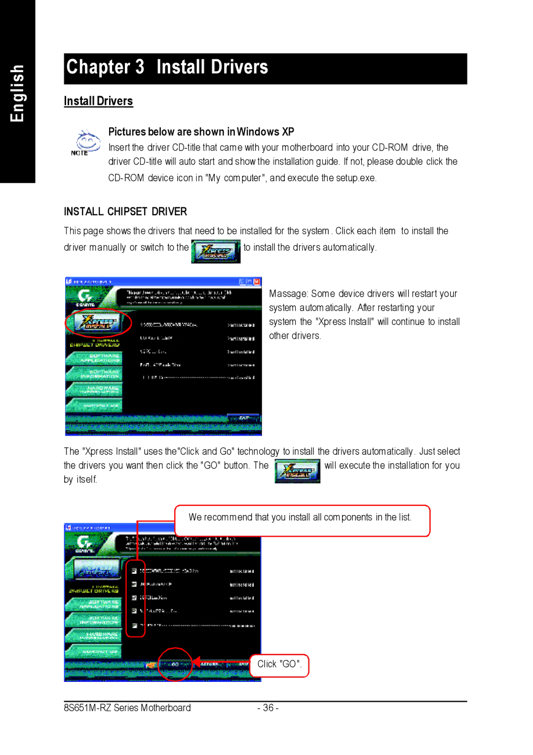 Intel 8S651M-RZ-C user manual Install Drivers, Pictures below are shown in Windows XP 