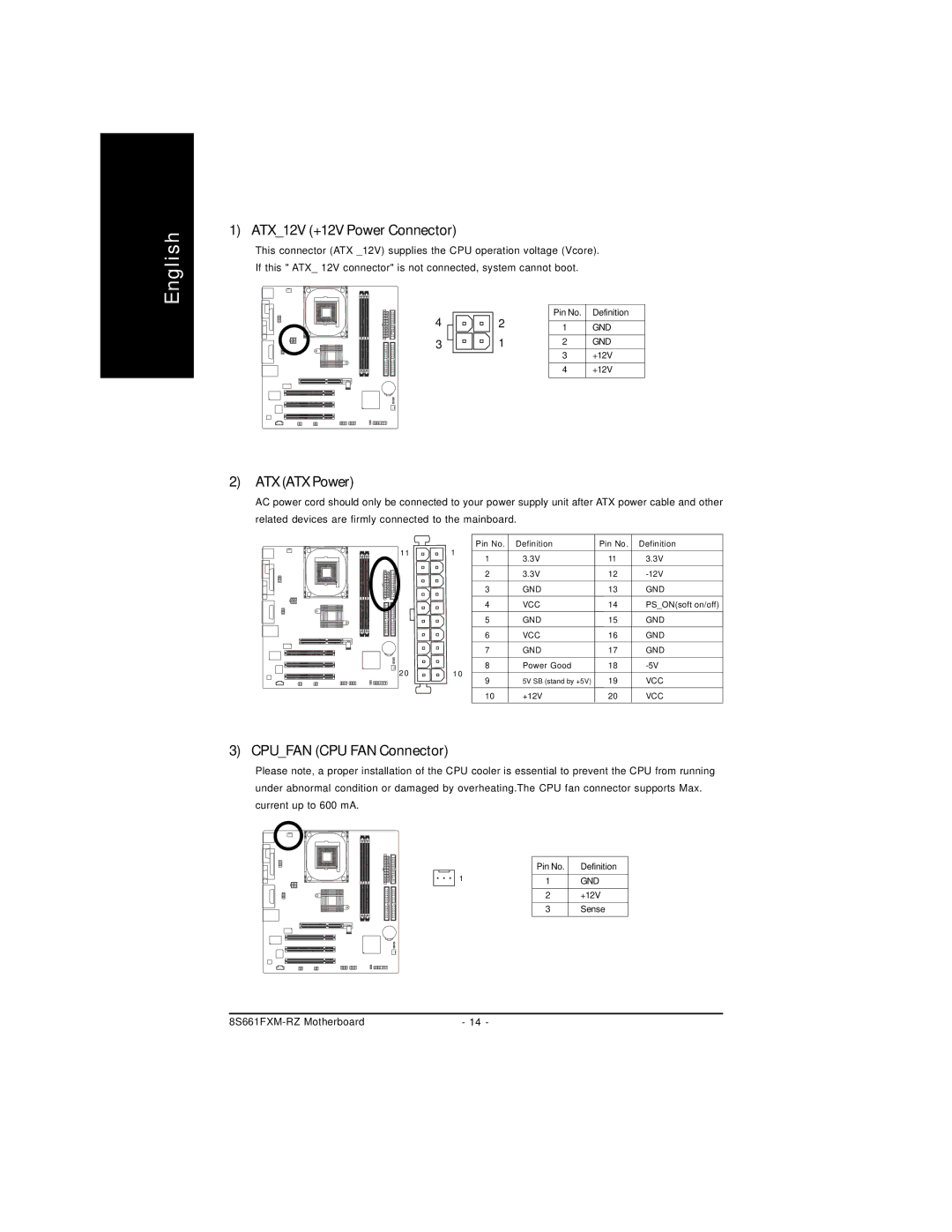 Intel 8S661FXM-RZ user manual ATX12V +12V Power Connector, ATX ATX Power, Cpufan CPU FAN Connector 