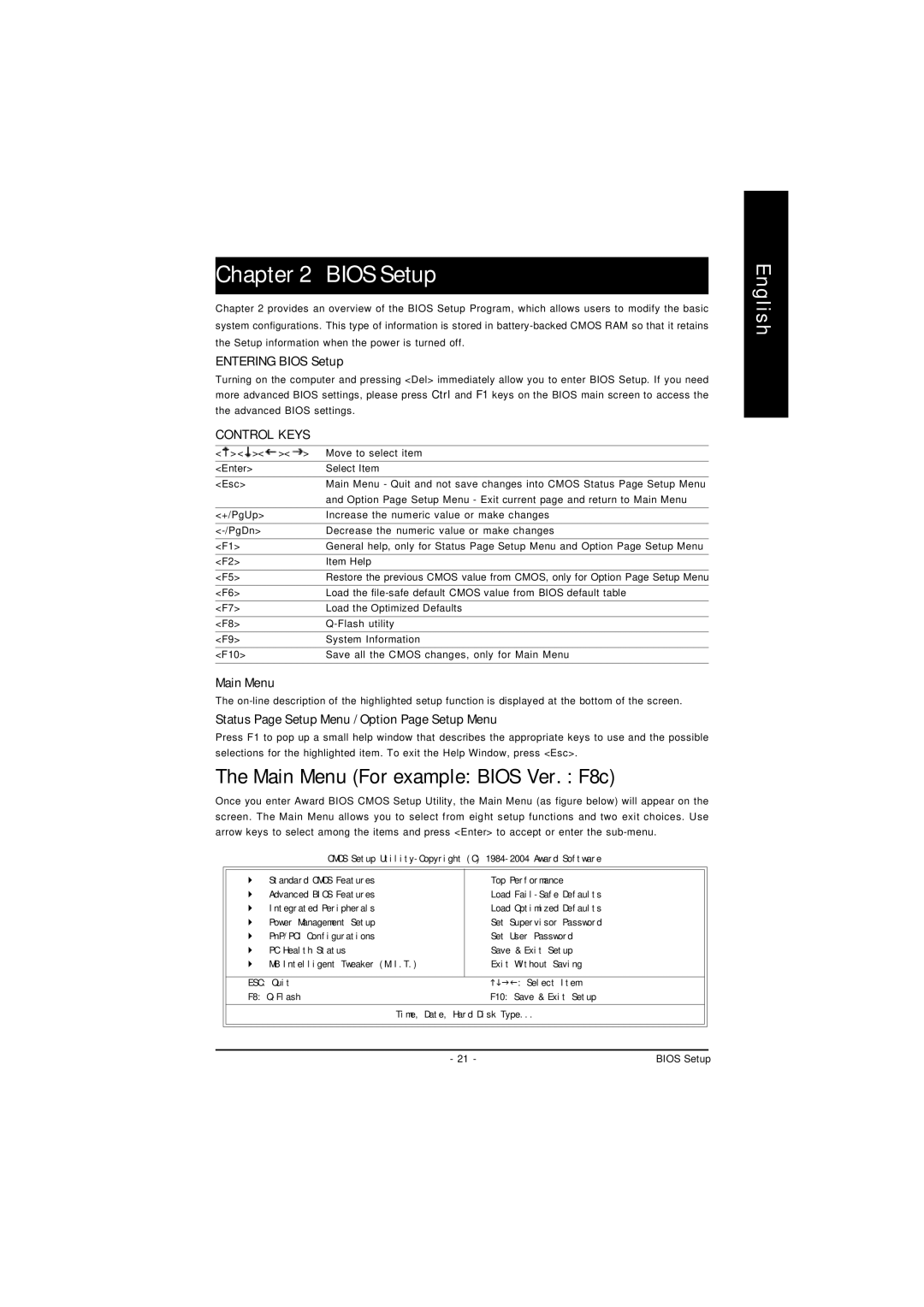 Intel 8S661FXM-RZ user manual Main Menu For example Bios Ver. F8c, Entering Bios Setup 