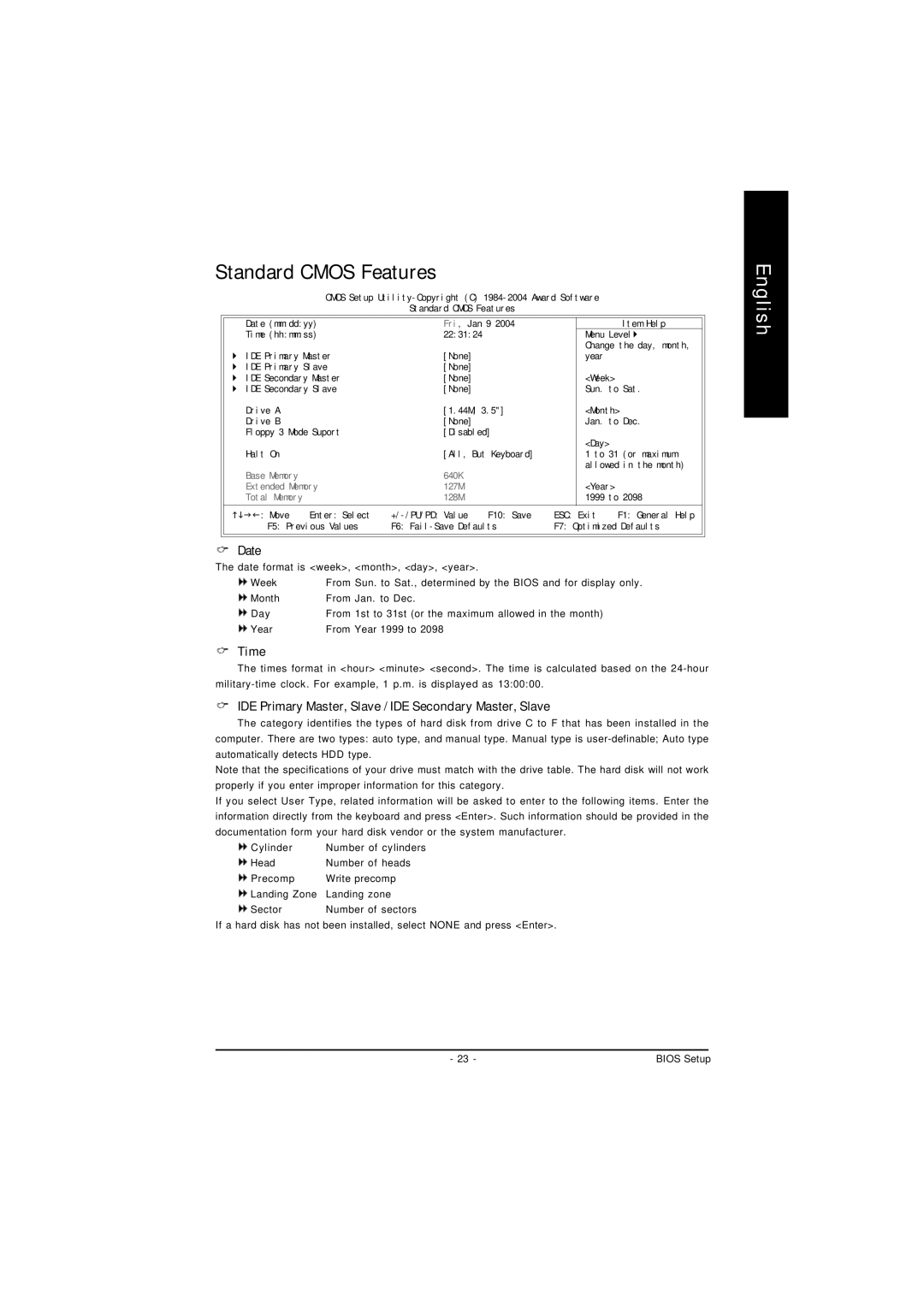 Intel 8S661FXM-RZ user manual Standard Cmos Features, Date, Time, IDE Primary Master, Slave / IDE Secondary Master, Slave 