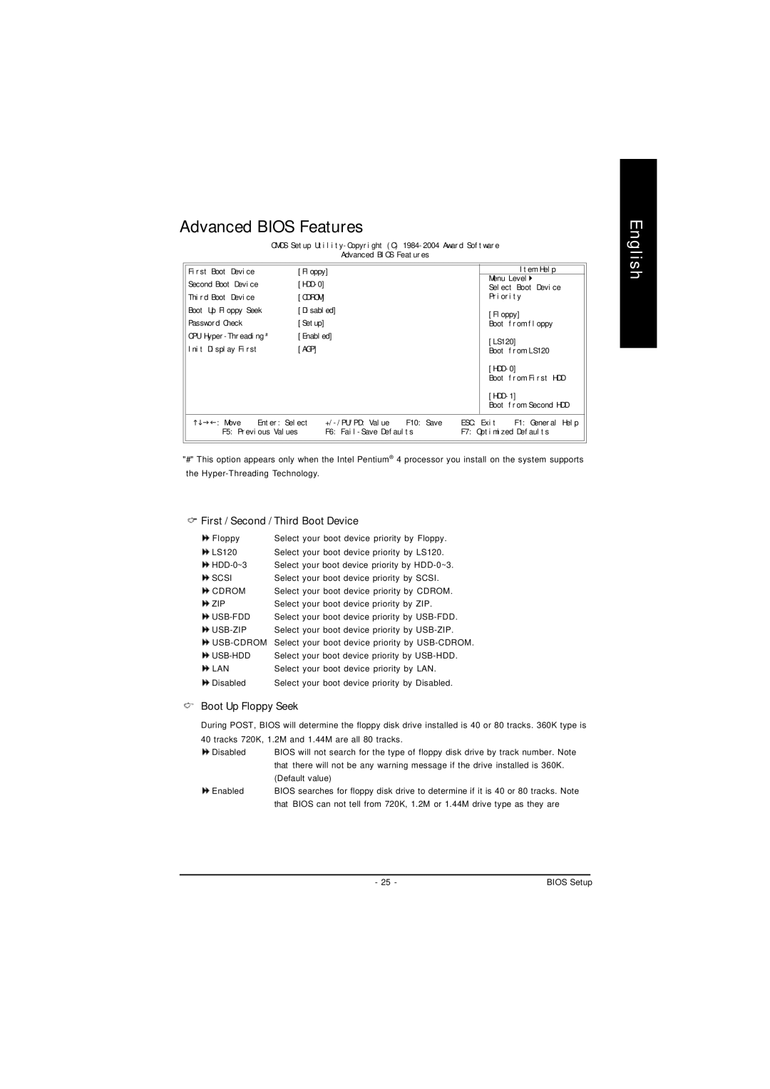 Intel 8S661FXM-RZ user manual Advanced Bios Features, First / Second / Third Boot Device, Boot Up Floppy Seek 