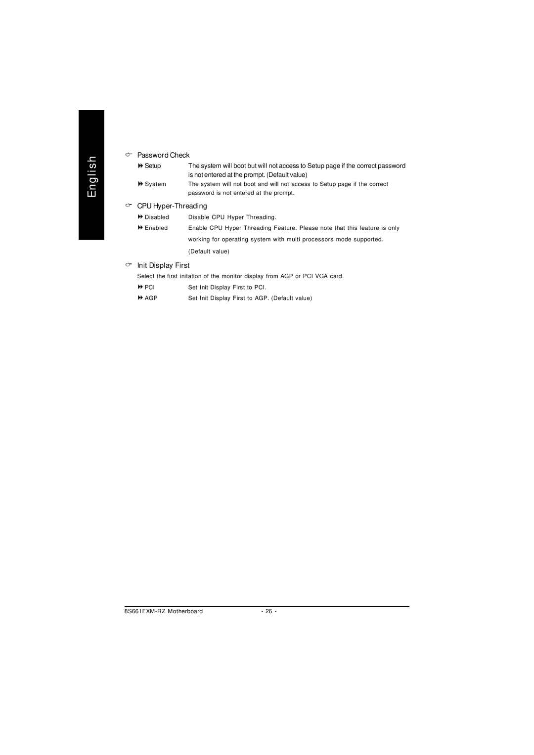 Intel 8S661FXM-RZ user manual Password Check, CPU Hyper-Threading, Init Display First 