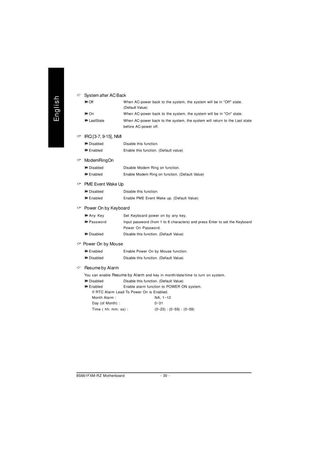 Intel 8S661FXM-RZ System after AC Back, IRQ 3-7, 9-15, NMI, ModemRingOn, PME Event Wake Up, Power On by Keyboard 