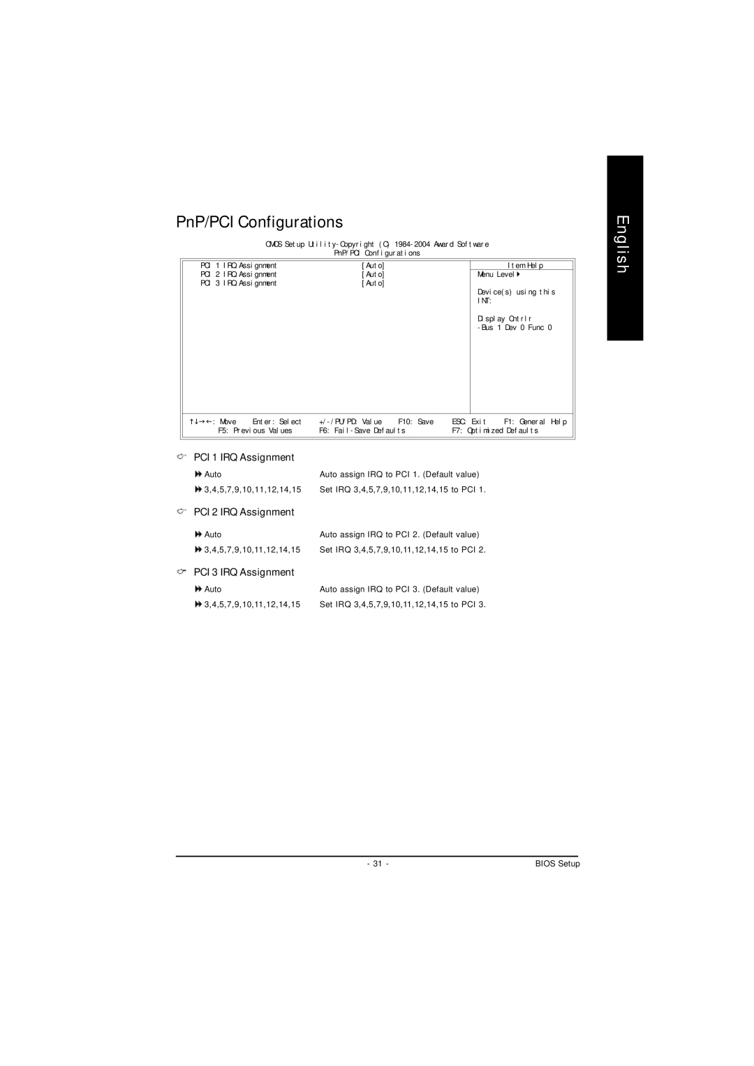 Intel 8S661FXM-RZ user manual PnP/PCI Configurations, PCI 1 IRQ Assignment, PCI 2 IRQ Assignment, PCI 3 IRQ Assignment 