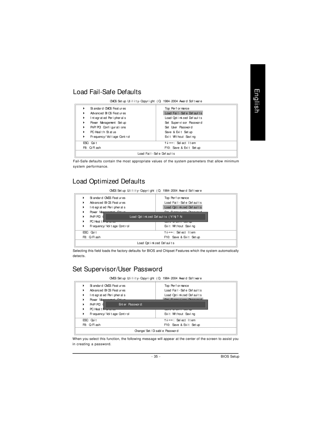 Intel 8S661FXM-RZ user manual Load Fail-Safe Defaults, Load Optimized Defaults, Set Supervisor/User Password 