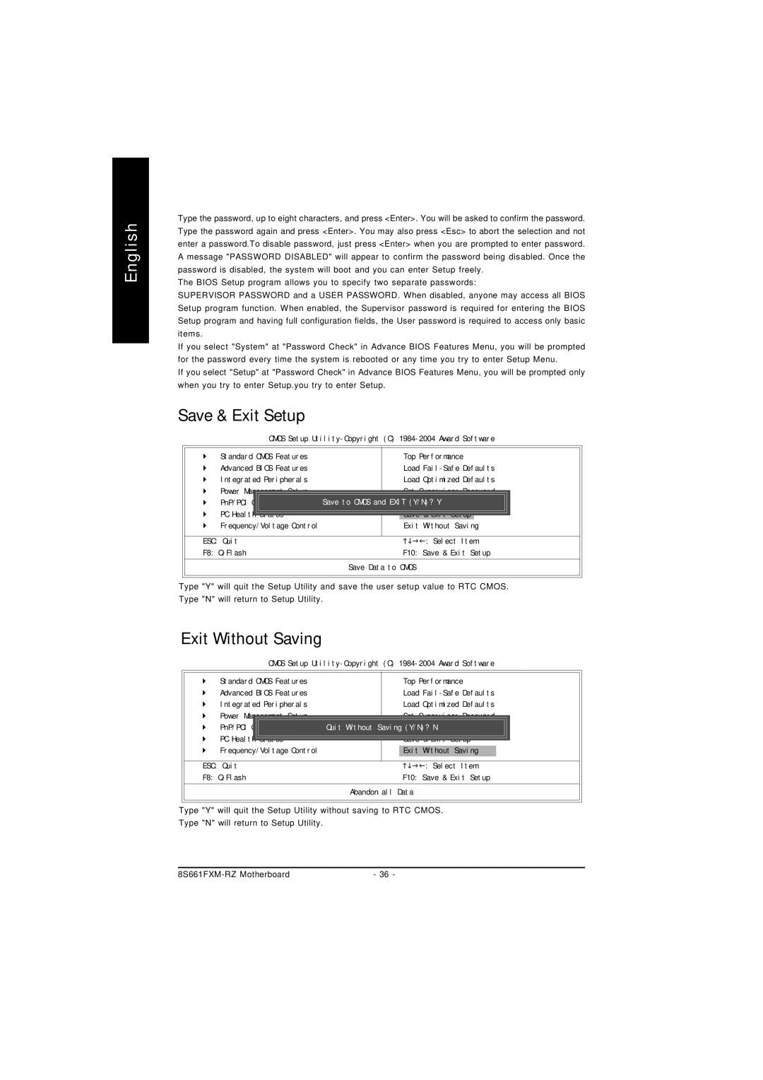 Intel 8S661FXM-RZ user manual Save & Exit Setup, Exit Without Saving 