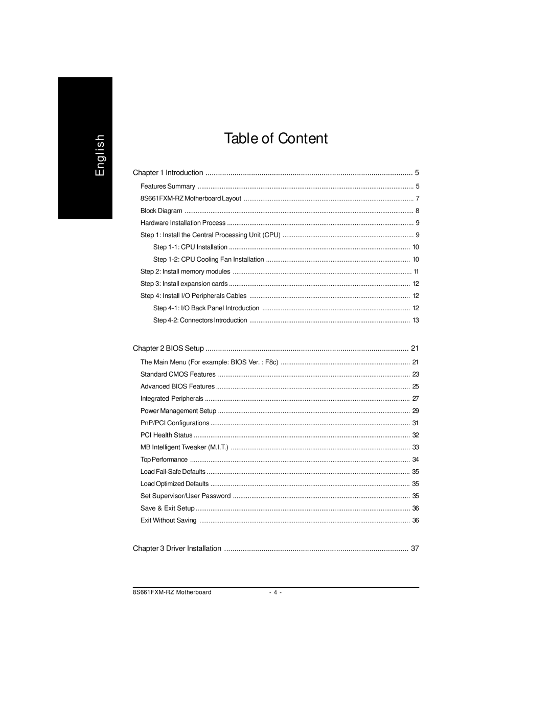 Intel 8S661FXM-RZ user manual Table of Content 