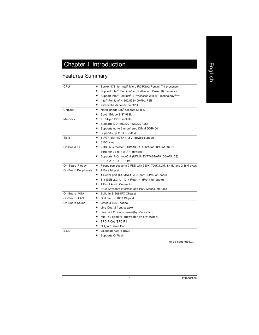 Intel 8S661FXM-RZ user manual Introduction, Features Summary 