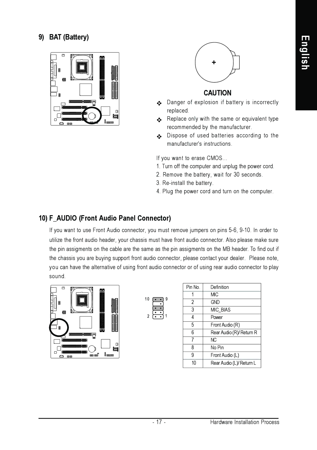 Intel 8S661FXMP-RZ user manual BAT Battery, Faudio Front Audio Panel Connector 