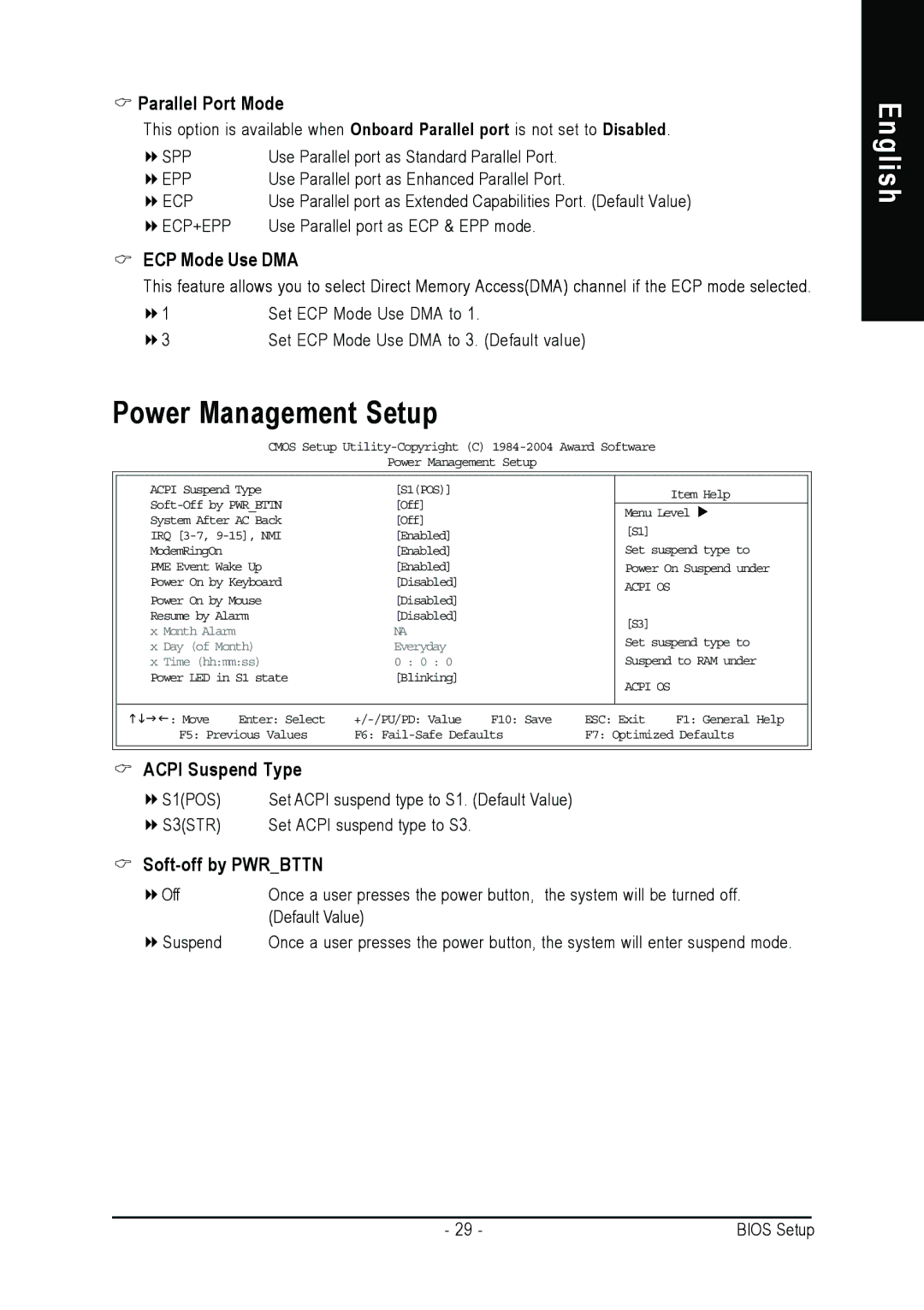 Intel 8S661FXMP-RZ Power Management Setup, Parallel Port Mode, ECP Mode Use DMA, Acpi Suspend Type, Soft-off by Pwrbttn 