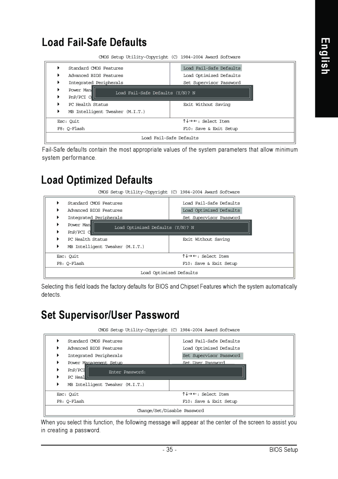 Intel 8S661FXMP-RZ user manual Load Fail-Safe Defaults, Load Optimized Defaults, Set Supervisor/User Password 