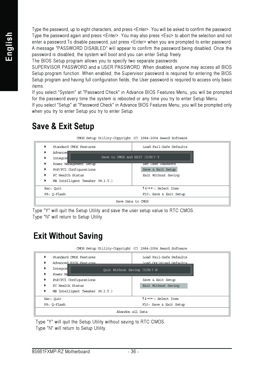 Intel 8S661FXMP-RZ user manual Save & Exit Setup, Exit Without Saving 