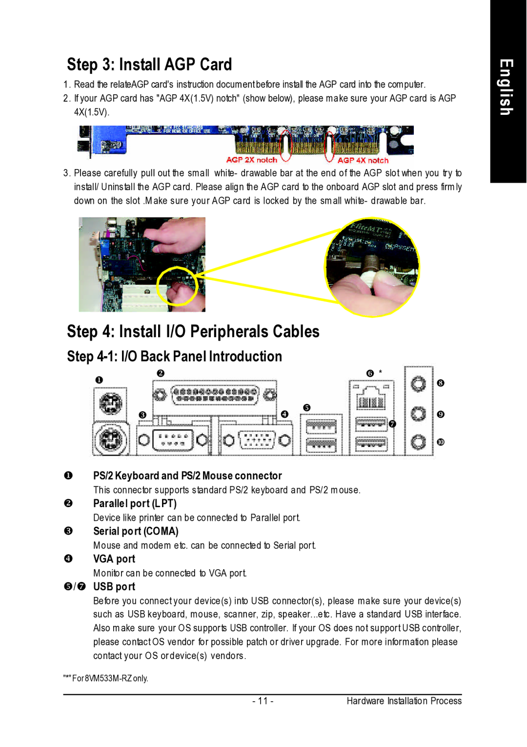 Intel 8VM533M-RZ-C user manual Install AGP Card, Install I/O Peripherals Cables 