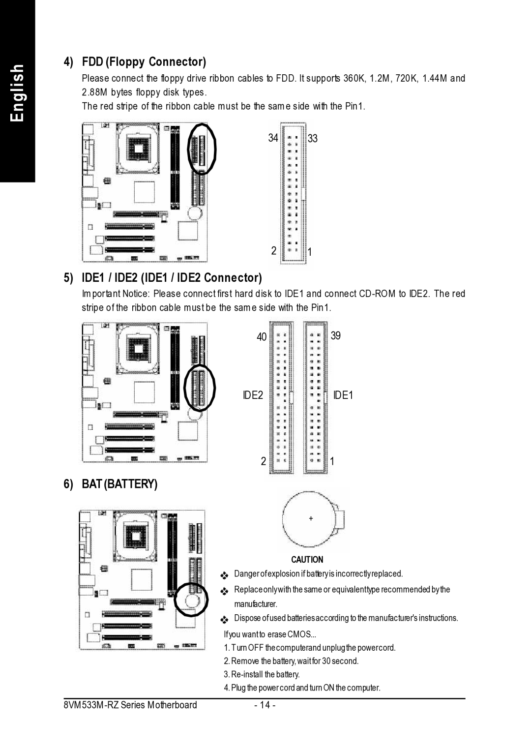 Intel 8VM533M-RZ-C user manual FDD Floppy Connector, IDE1 / IDE2 IDE1 / IDE2 Connector 