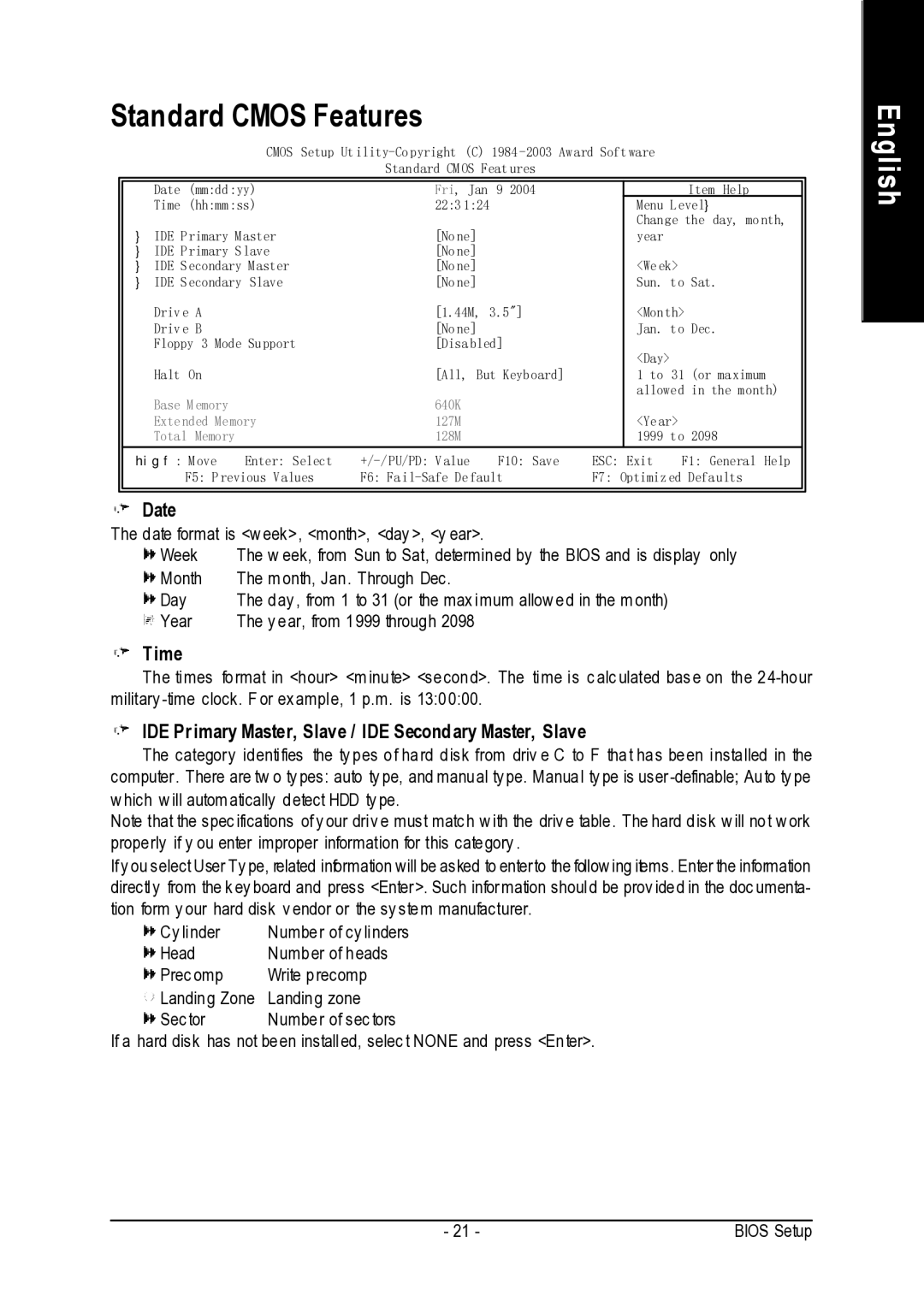 Intel 8VM533M-RZ-C Standard Cmos Features, Date, Time, IDE Primary Master, Slave / IDE Secondary Master, Slave 