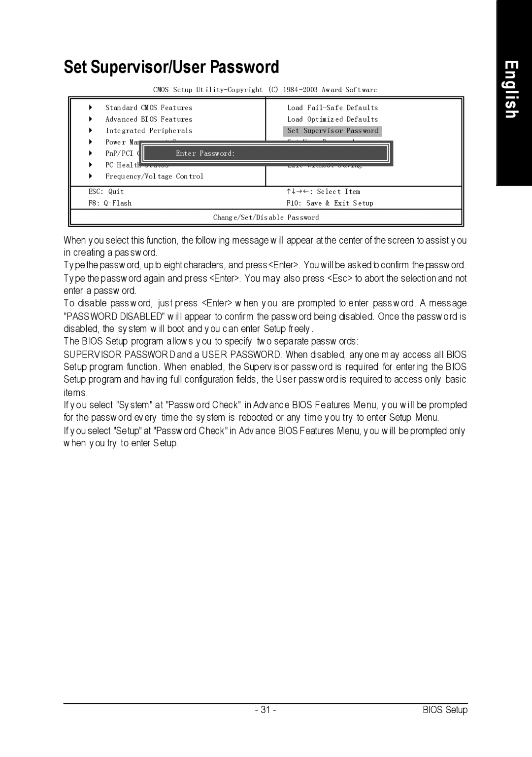 Intel 8VM533M-RZ-C user manual Set Supervisor/User Password 