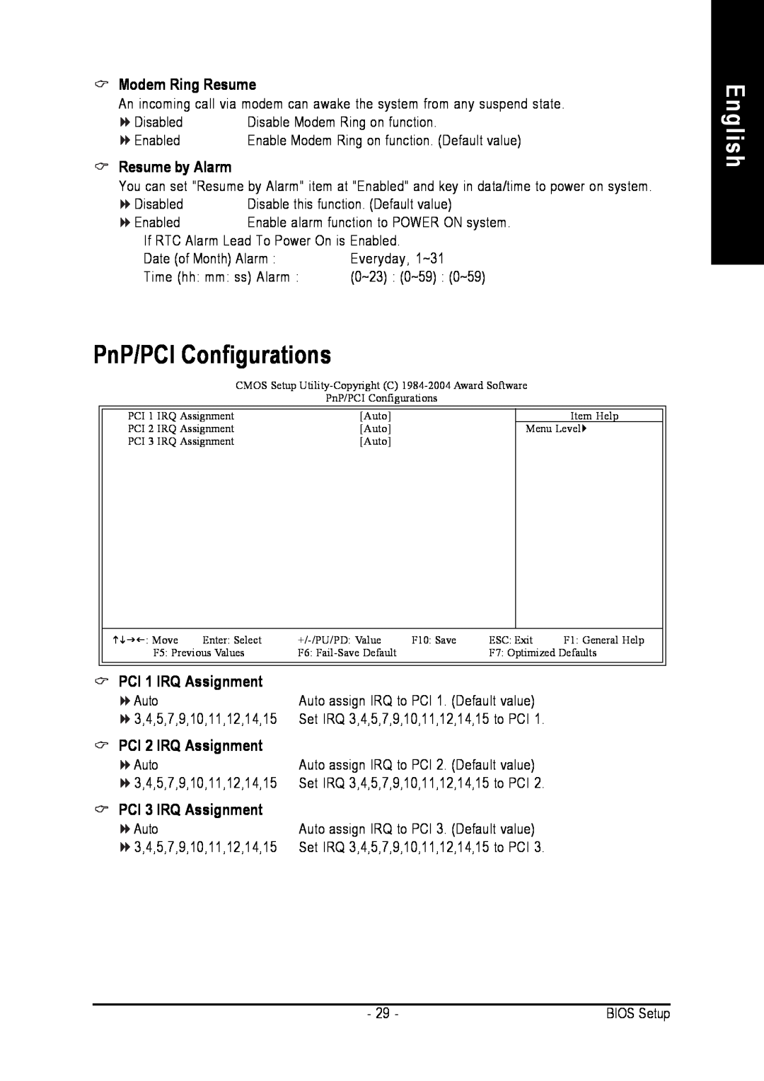 Intel 8VM800M-RZ user manual PnP/PCI Configurations, English, Modem Ring Resume, Resume by Alarm, PCI 1 IRQ Assignment 