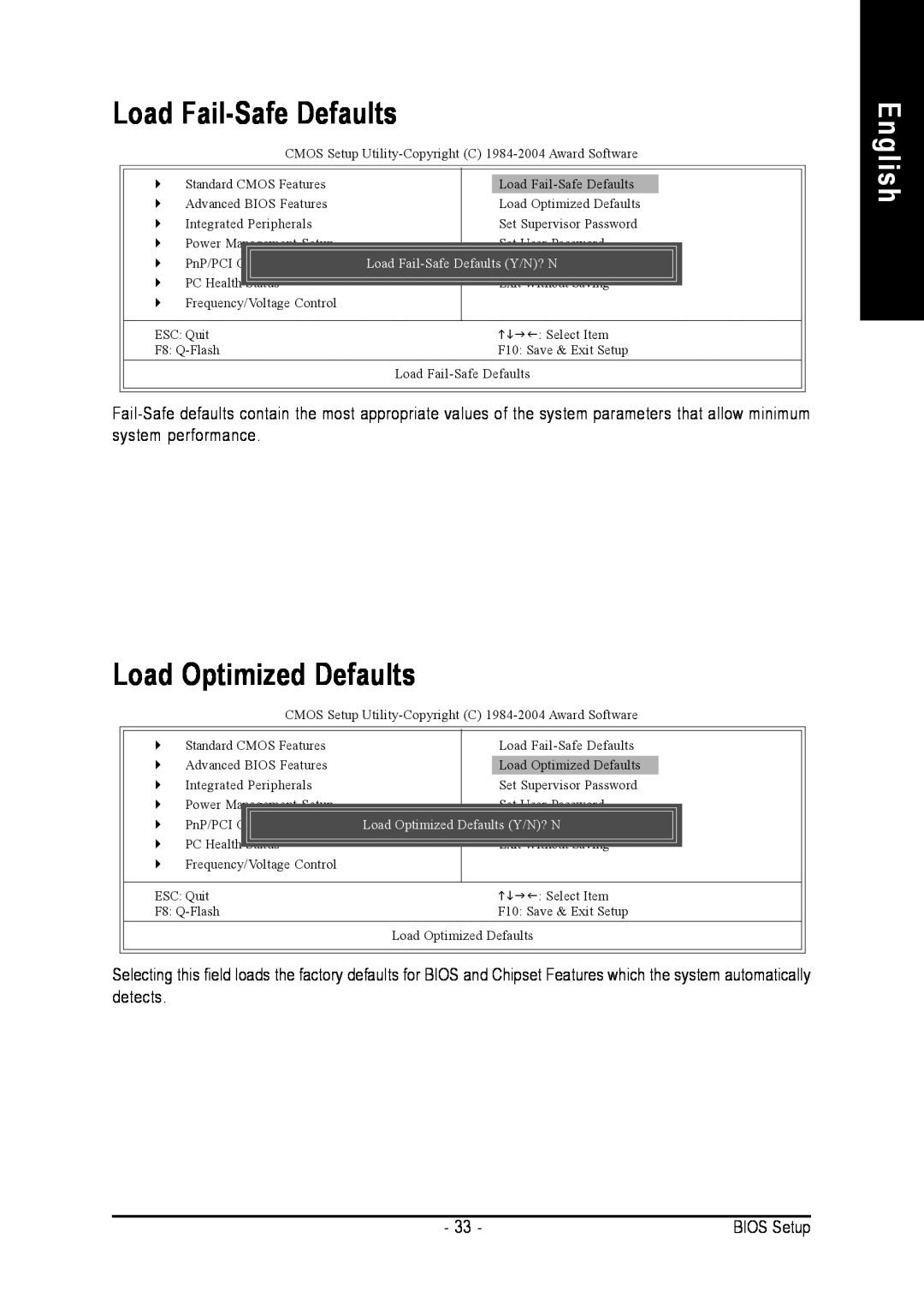 Intel 8VM800M-RZ user manual Load Fail-SafeDefaults, Load Optimized Defaults, English 