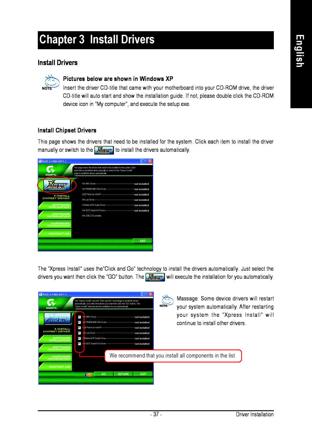 Intel 8VM800M-RZ user manual Install Drivers, English, Pictures below are shown in Windows XP, Install Chipset Drivers 