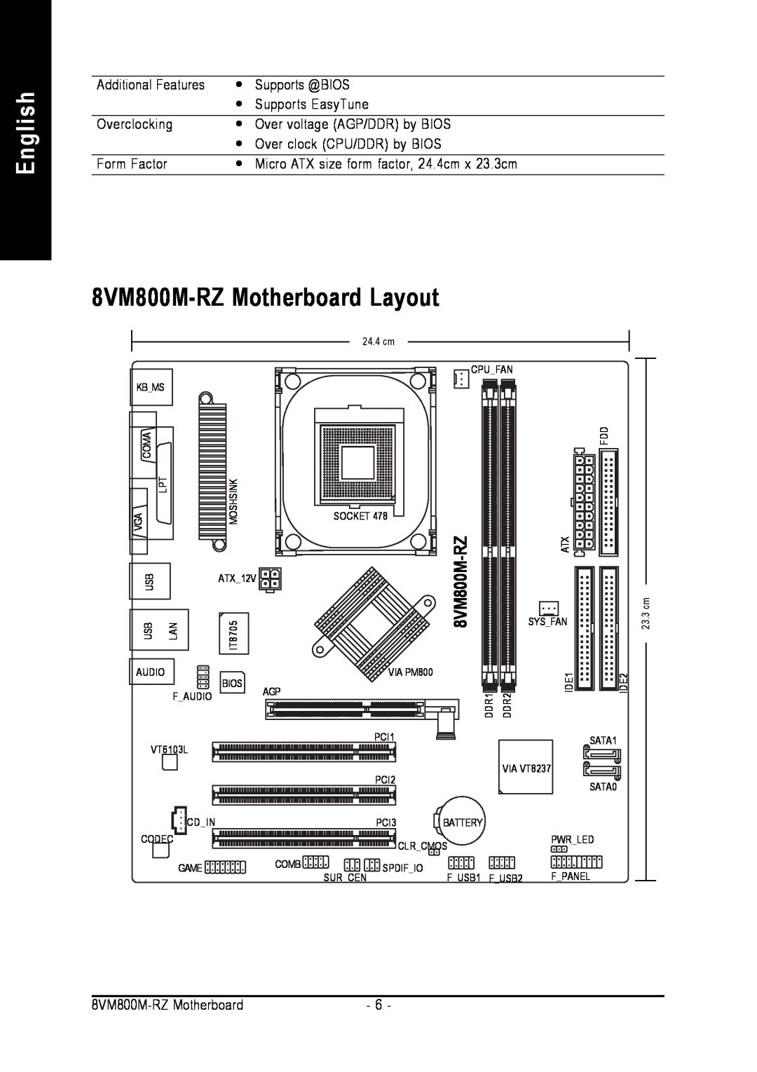 Intel user manual 8VM800M-RZMotherboard Layout, English 