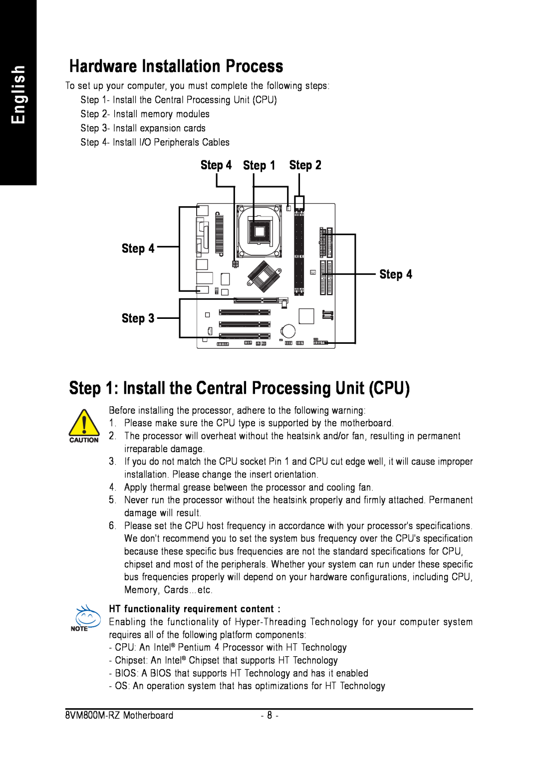 Intel 8VM800M-RZ Hardware Installation Process, Install the Central Processing Unit CPU, English, Step Step Step Step 