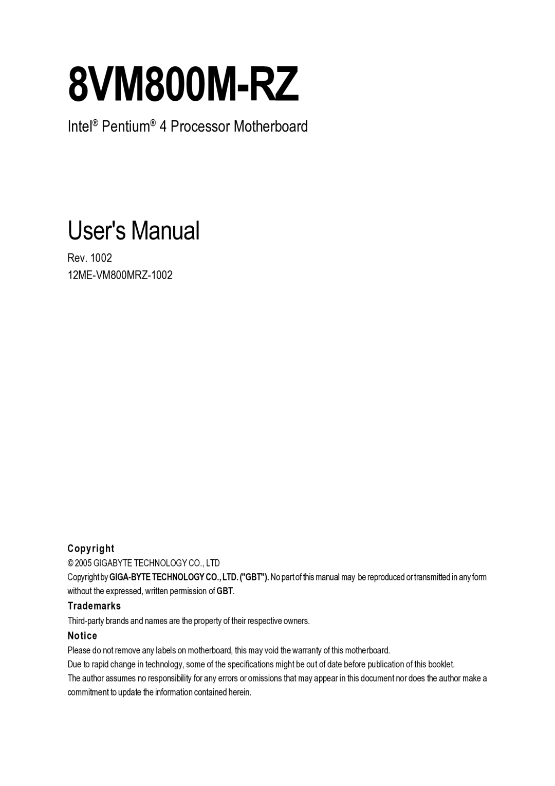 Intel 8VM800M-RZ user manual 