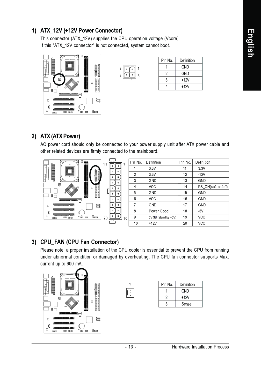 Intel 8VM800M-RZ user manual ATX12V +12V Power Connector, ATX ATX Power, Cpufan CPU Fan Connector 