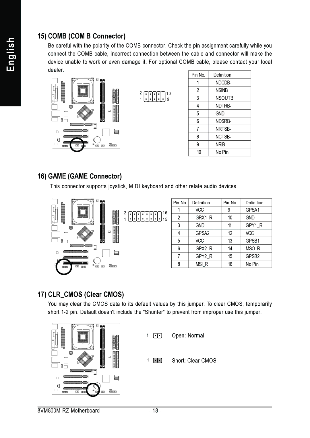 Intel 8VM800M-RZ user manual Comb COM B Connector, Game Game Connector, Clrcmos Clear Cmos 