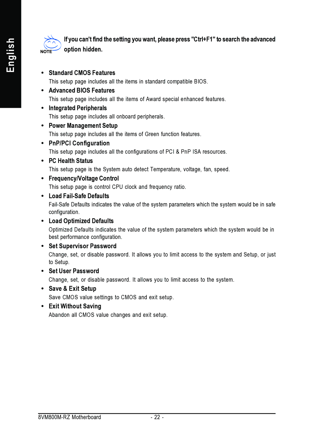 Intel 8VM800M-RZ user manual Advanced Bios Features, Integrated Peripherals, Power Management Setup, PnP/PCI Configuration 