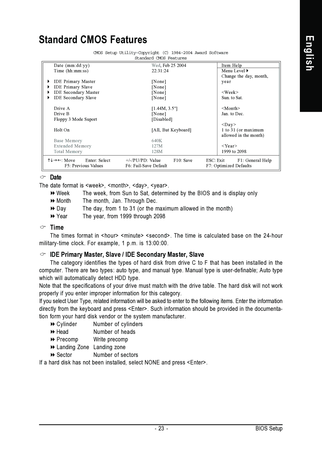 Intel 8VM800M-RZ user manual Standard Cmos Features, Date, Time, IDE Primary Master, Slave / IDE Secondary Master, Slave 