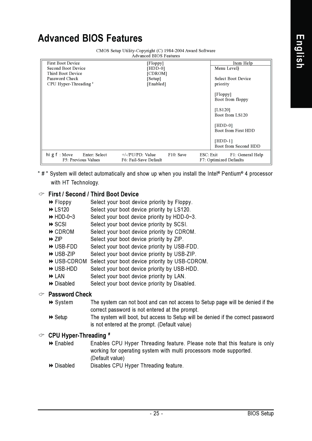 Intel 8VM800M-RZ Advanced Bios Features, First / Second / Third Boot Device, Password Check, CPU Hyper-Threading # 