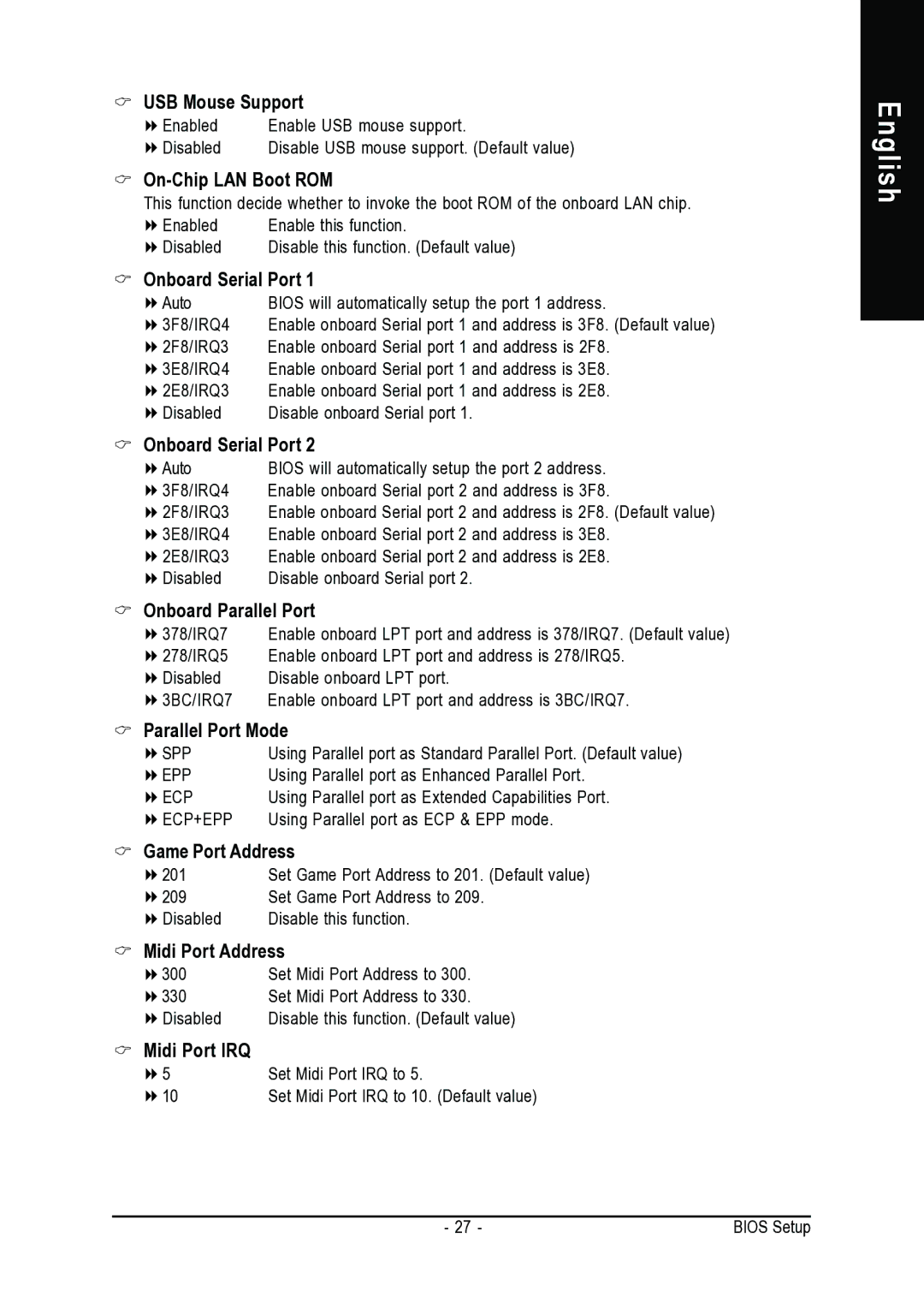 Intel 8VM800M-RZ USB Mouse Support, On-Chip LAN Boot ROM, Onboard Serial Port, Onboard Parallel Port, Parallel Port Mode 