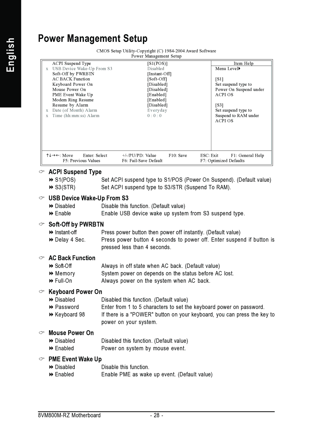 Intel 8VM800M-RZ user manual Power Management Setup 