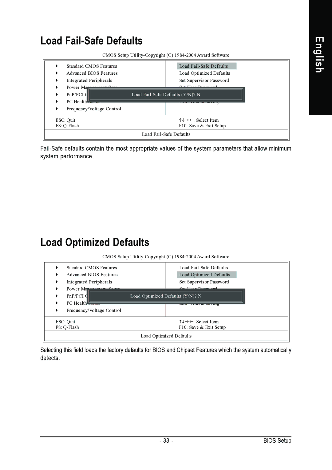 Intel 8VM800M-RZ user manual Load Fail-Safe Defaults, Load Optimized Defaults 