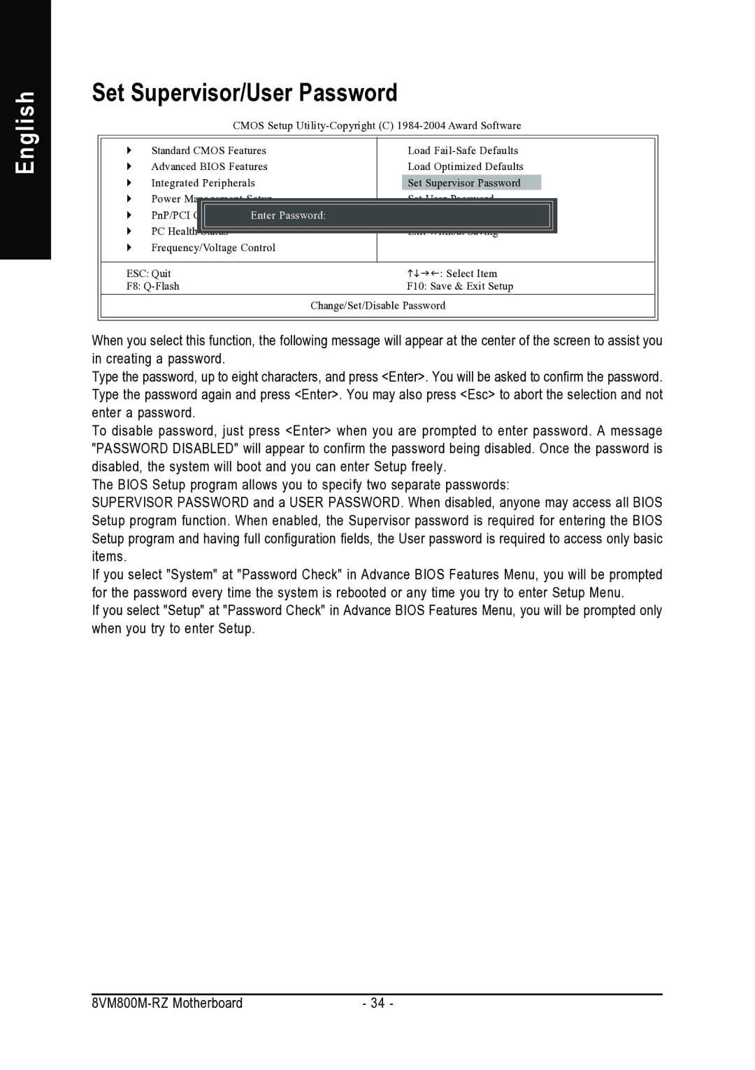 Intel 8VM800M-RZ user manual Set Supervisor/User Password, ConfigurationsEnter Password 