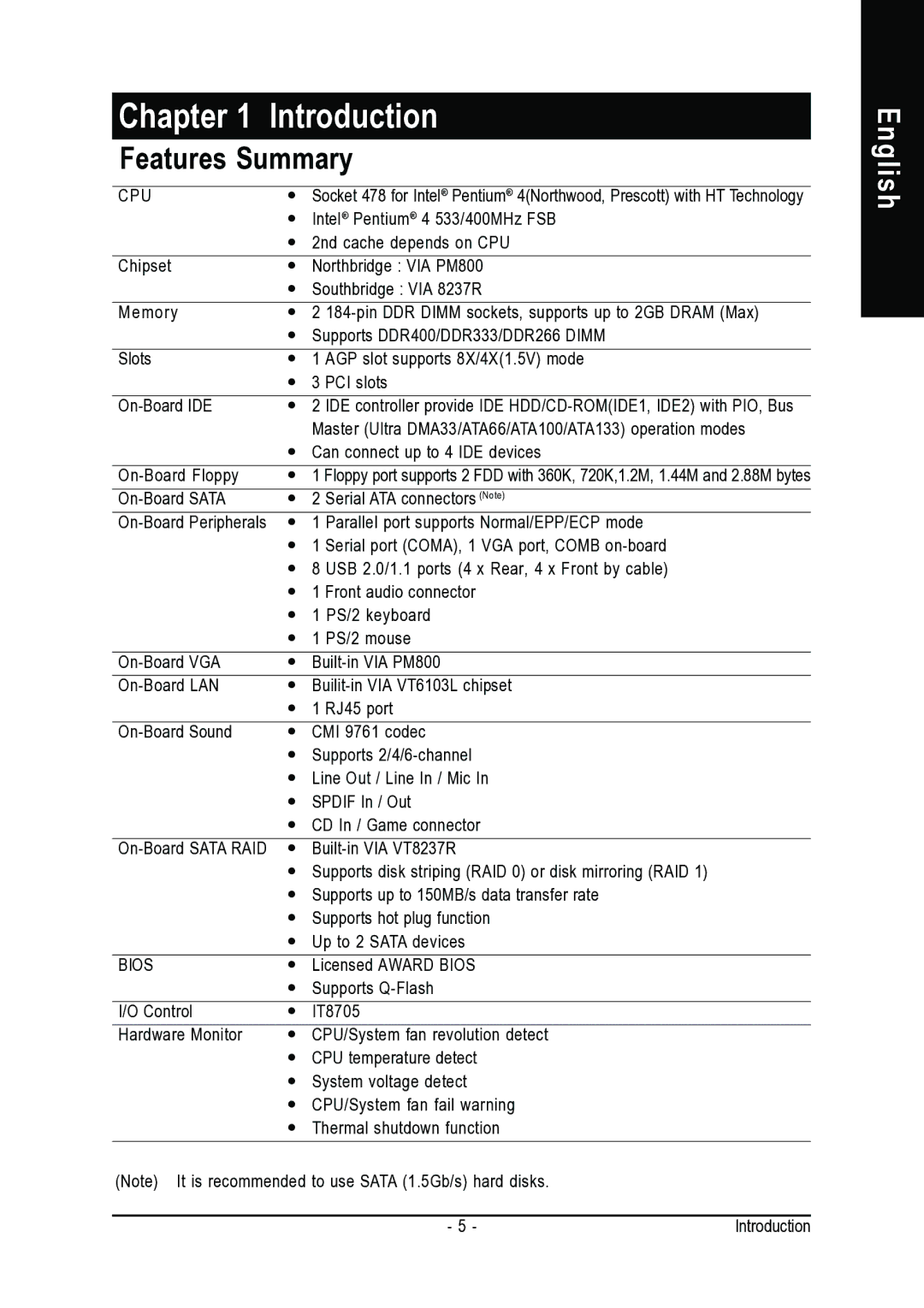 Intel 8VM800M-RZ user manual Introduction, Features Summary 