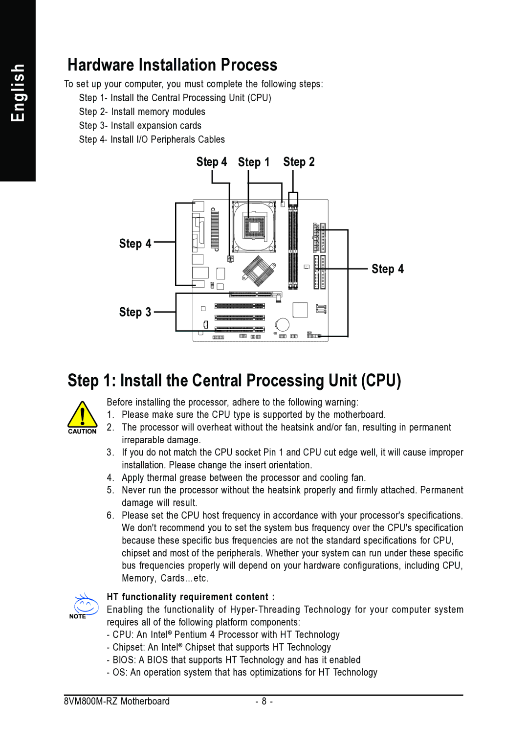 Intel 8VM800M-RZ user manual Hardware Installation Process, Install the Central Processing Unit CPU, Step 