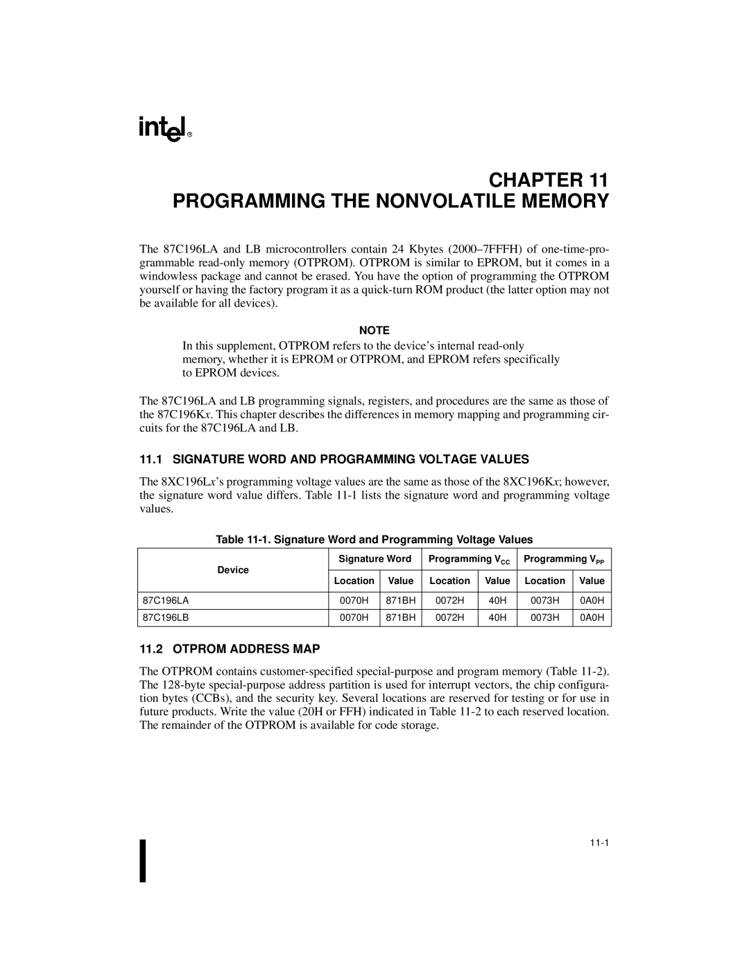 Intel 8XC196Lx Programming the Nonvolatile Memory, Signature Word and Programming Voltage Values, Otprom Address MAP 