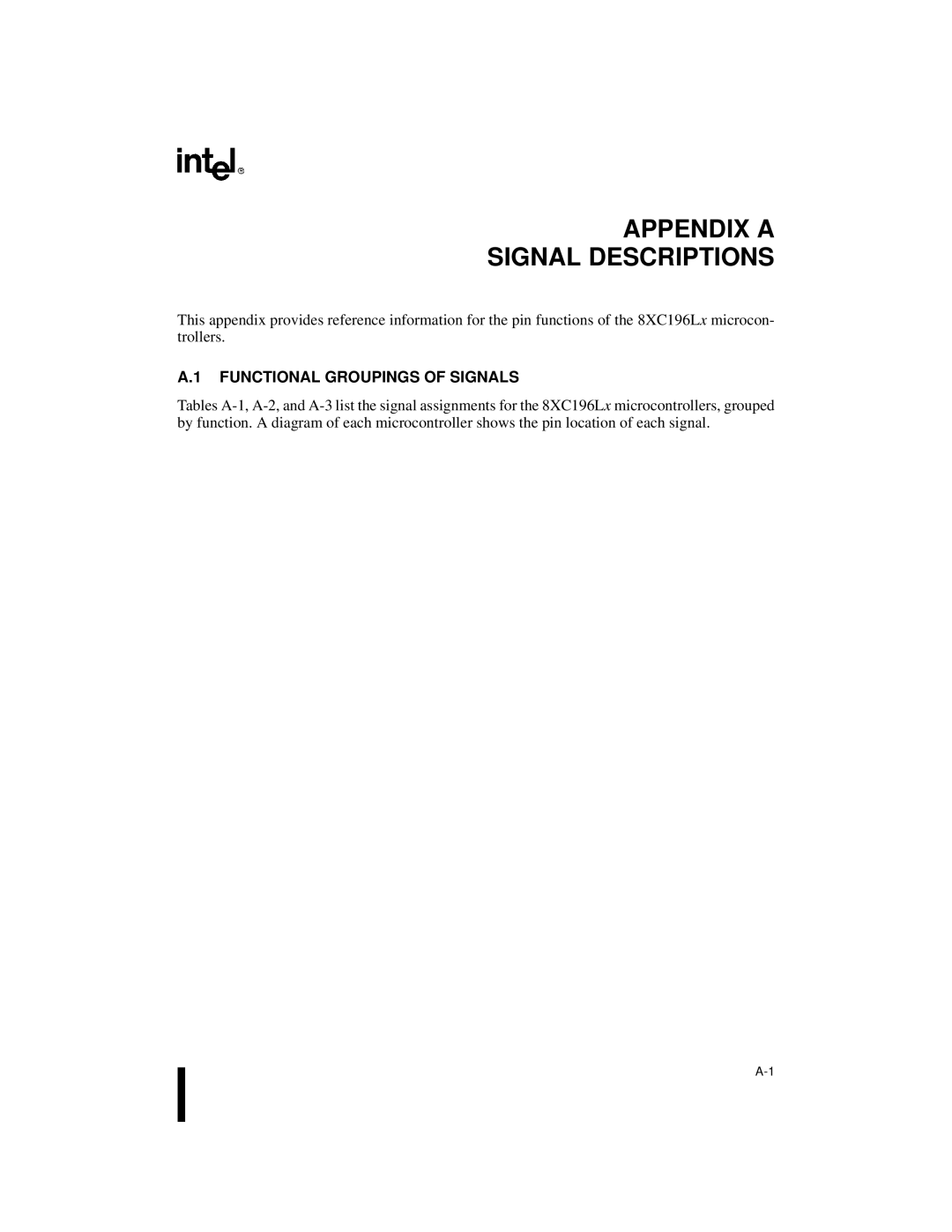 Intel 8XC196Lx, 8XC196Jx, 8XC196Kx, 87C196CA user manual Appendix a Signal Descriptions, Functional Groupings of Signals 