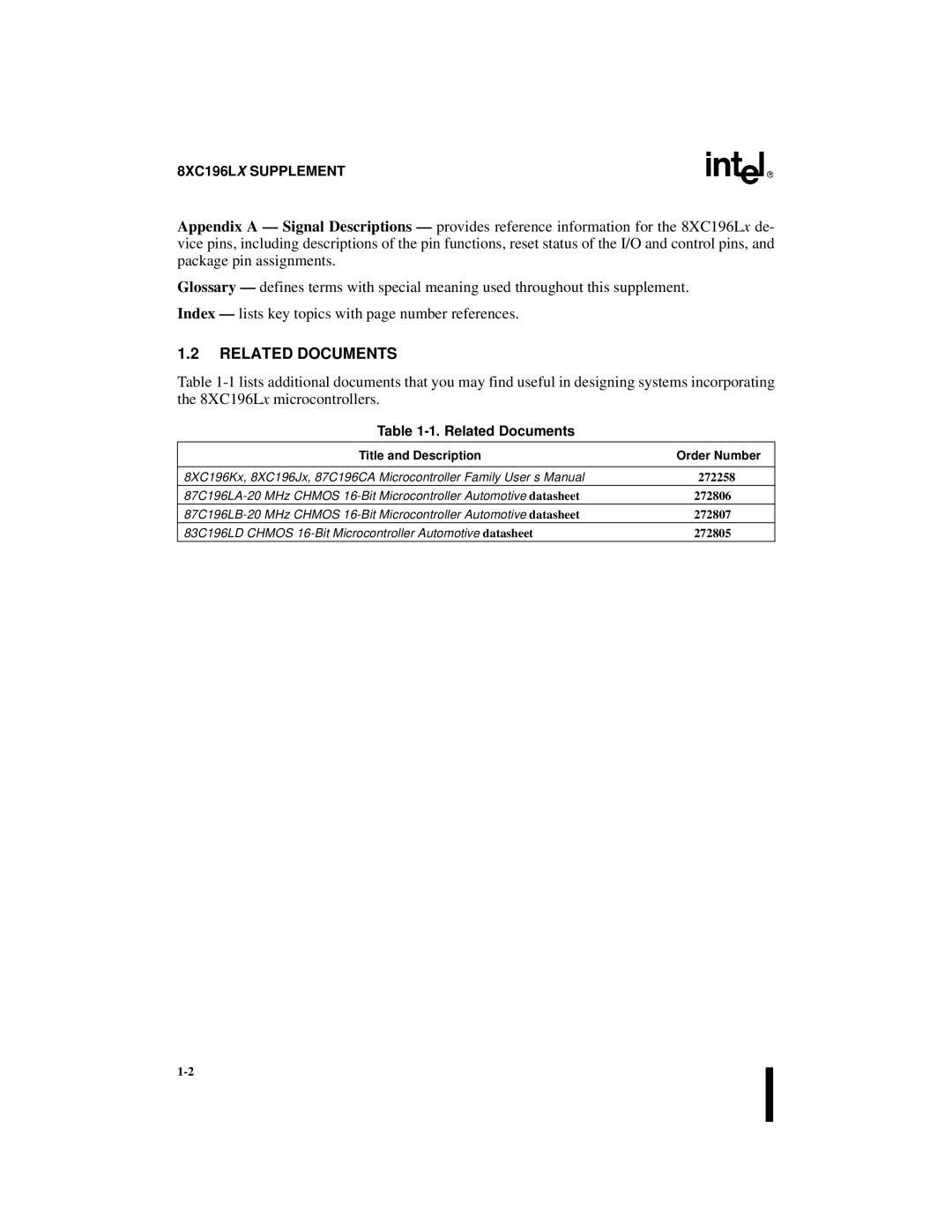 Intel 8XC196Jx, 8XC196Lx, 8XC196Kx, 87C196CA user manual Related Documents 