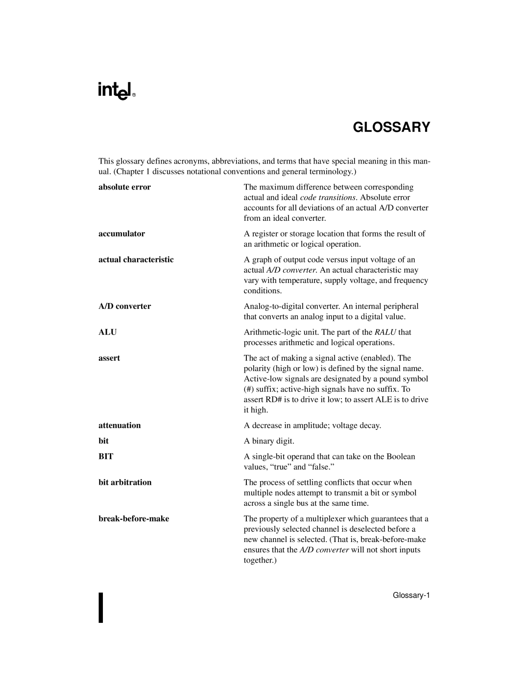 Intel 8XC196Lx, 8XC196Jx, 8XC196Kx, 87C196CA user manual Glossary, Alu, Bit 