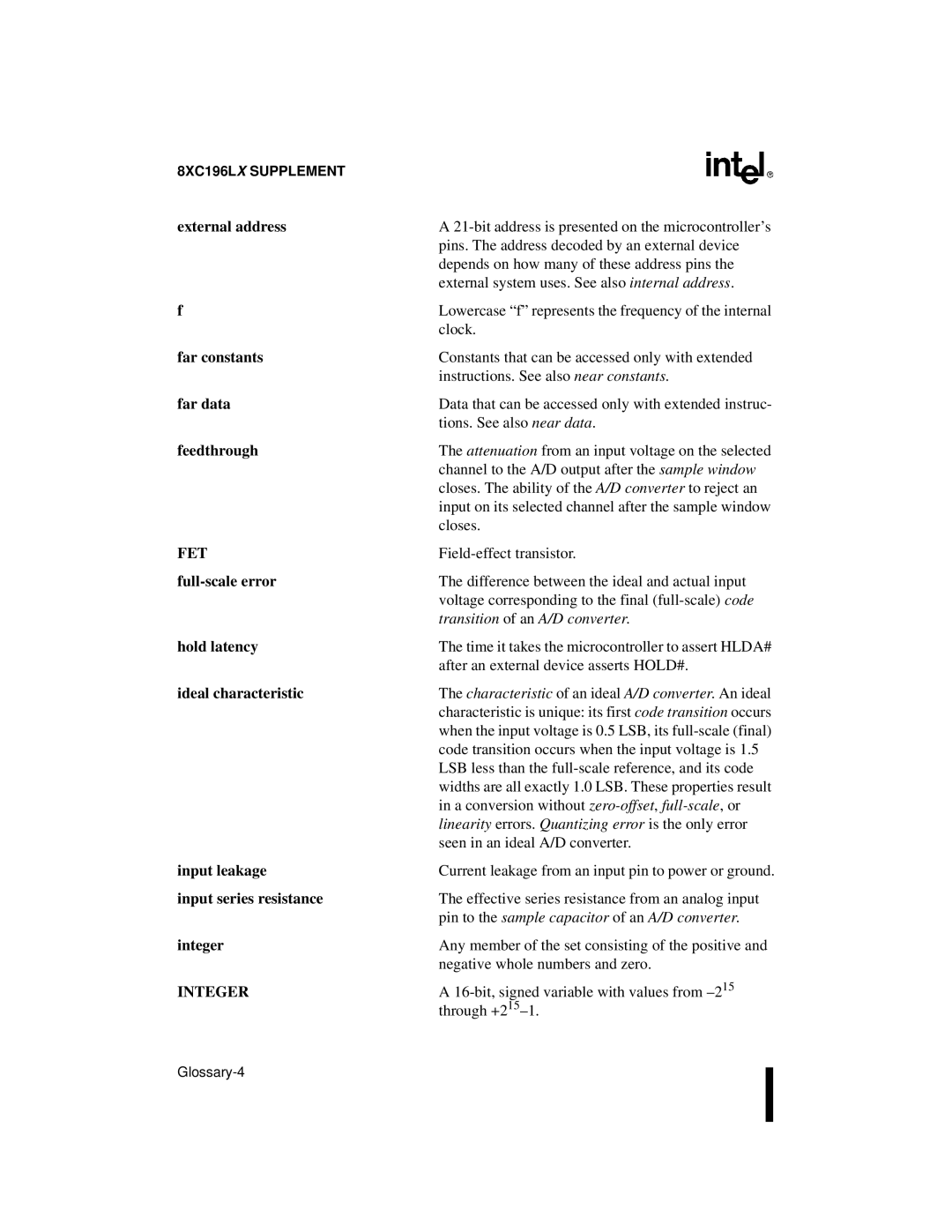 Intel 8XC196Jx, 8XC196Lx, 8XC196Kx, 87C196CA user manual Fet, Integer 